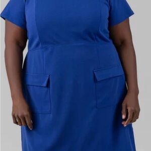 Donna Morgan Royal Blue Short Sleeve Midi Dress with Flap Pockets